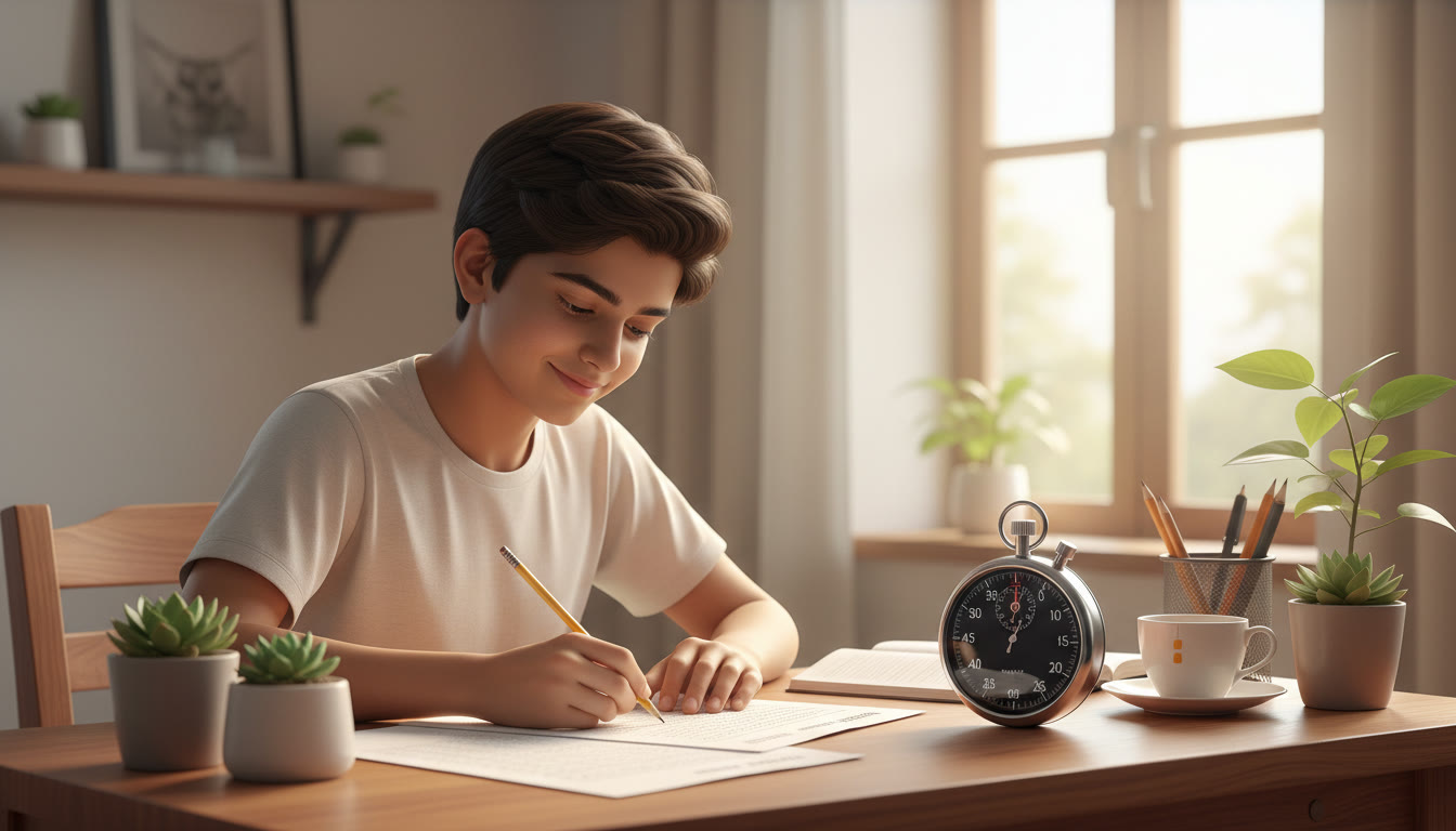 Photo Idea : Student filling OMR sheet with a stopwatch on desk