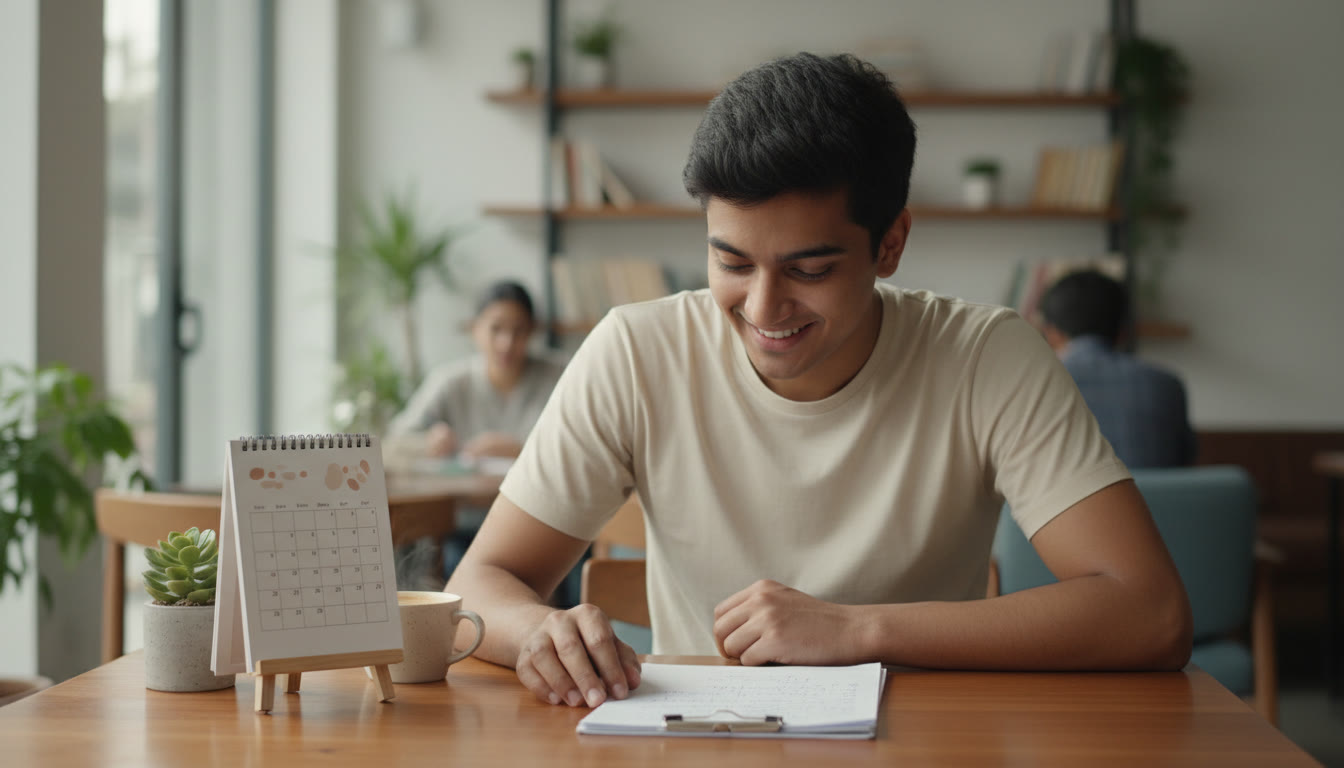 Photo Idea : A student calmly reviewing a small stack of handwritten formula sheets at a café table with a calendar on the side.
