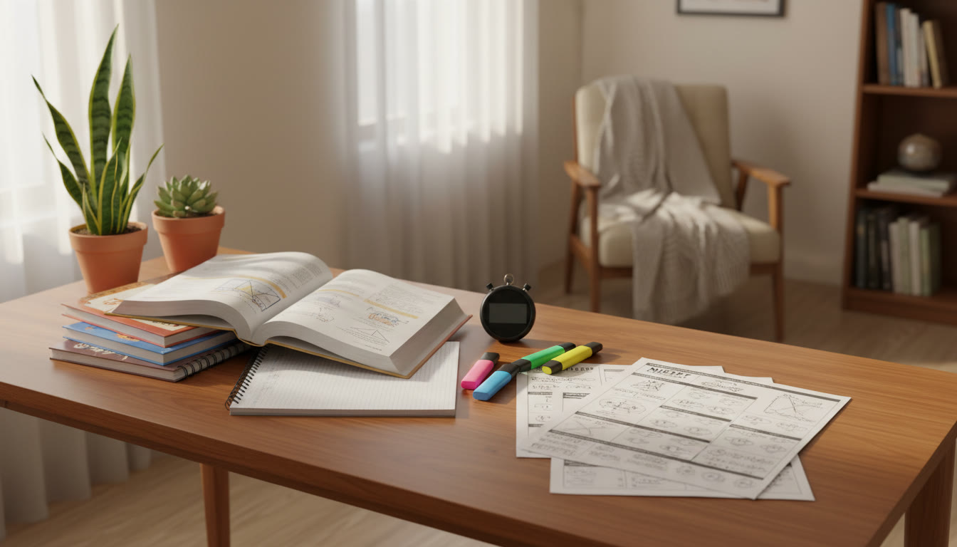 Photo Idea : a student’s desk with open ICSE textbooks on one side and NEET practice sheets on the other, a stopwatch and highlighters nearby