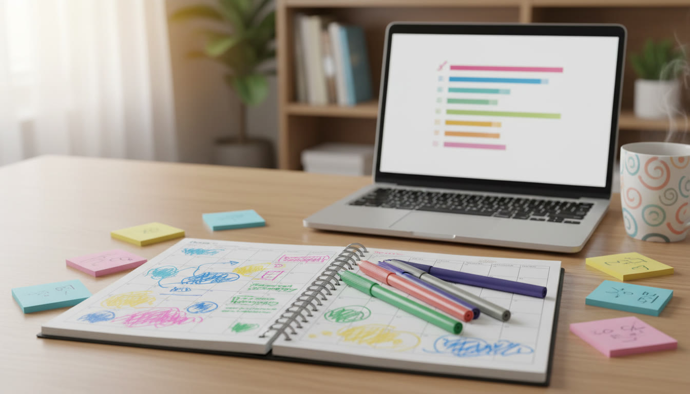 Photo Idea : A close-up of a weekly planner with colored pens, sticky notes, and a laptop showing a list of IAs