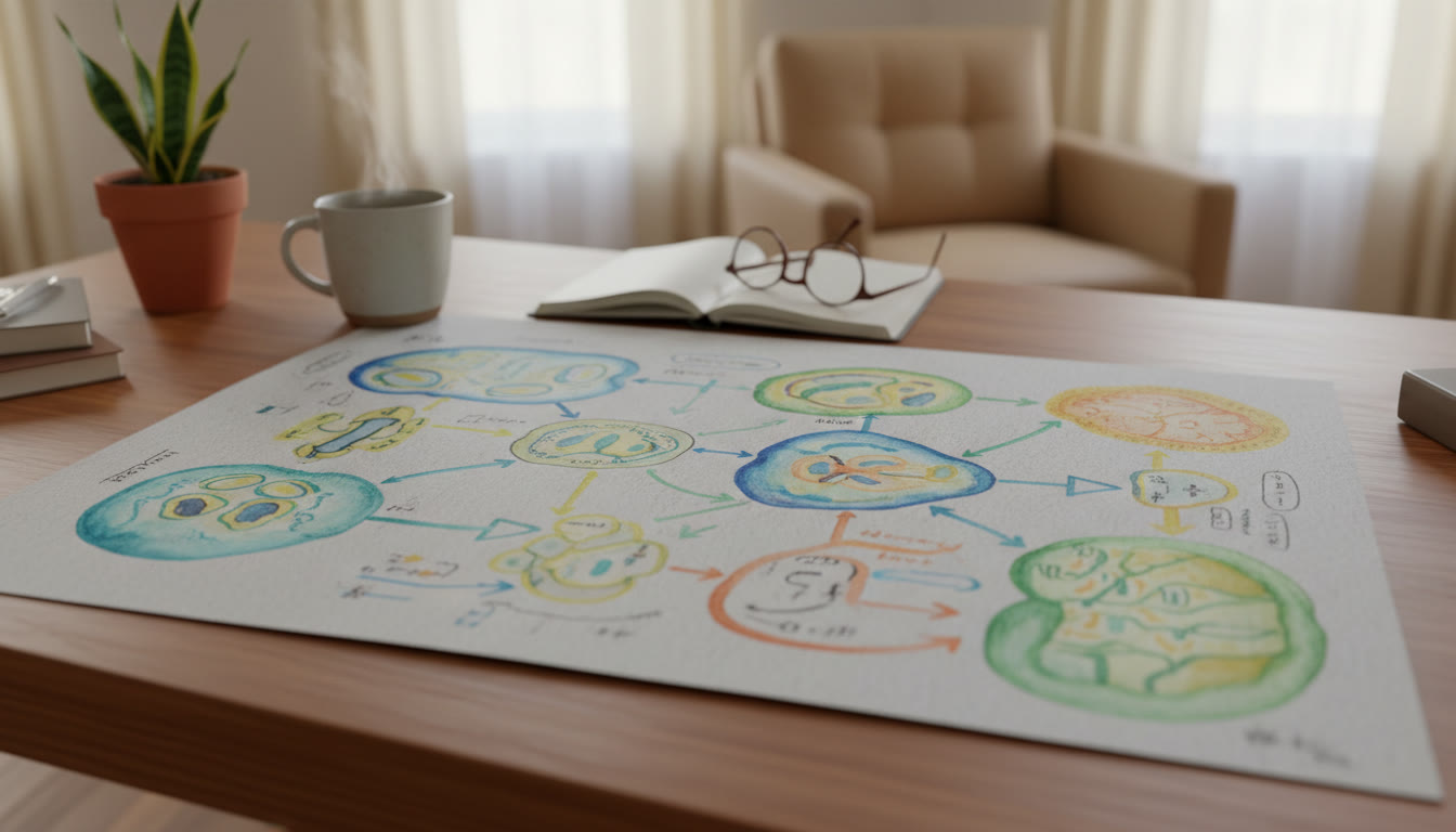 Photo Idea : Close-up of a colored mind-map of a biological system with arrows and handwritten notes