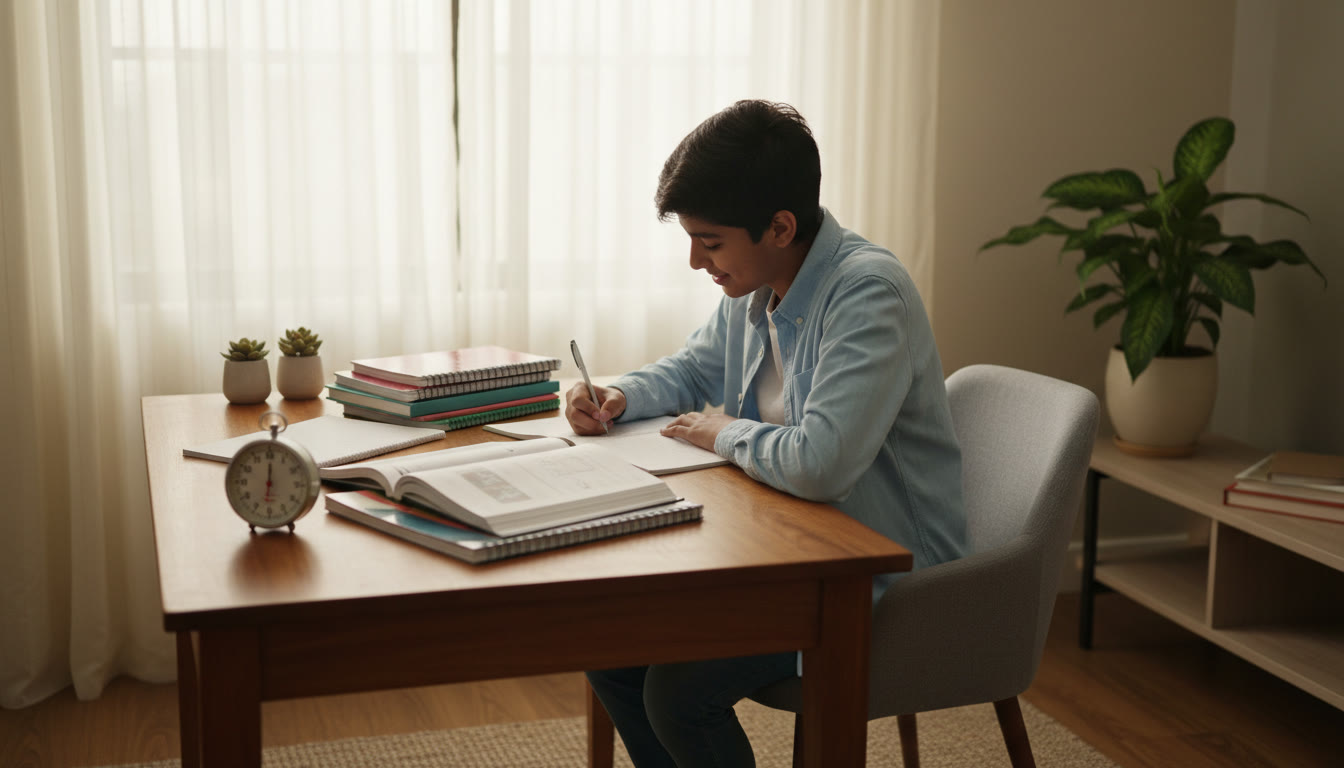 Photo Idea : A focused student writing neatly at a desk with a timer and textbooks open beside them