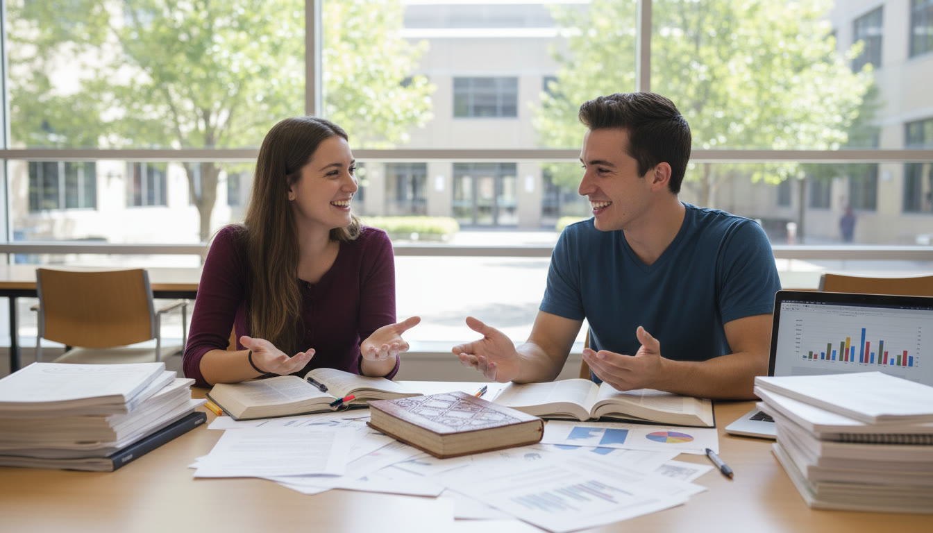 Photo Idea : Two students collaborating at a table with EE notes, printed sources, and a TOK journal