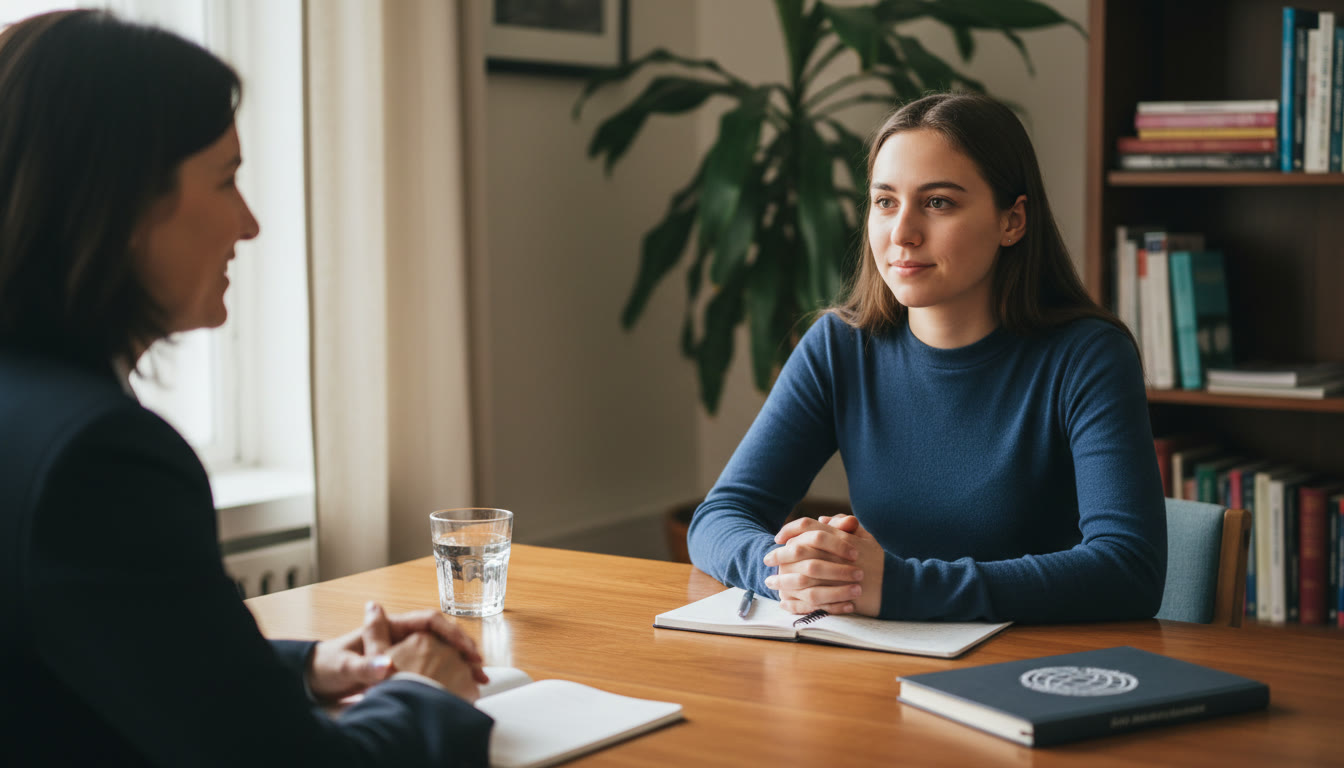 Photo Idea : Student composing themselves in a small interview room, hands relaxed on a table, making calm eye contact with an interviewer