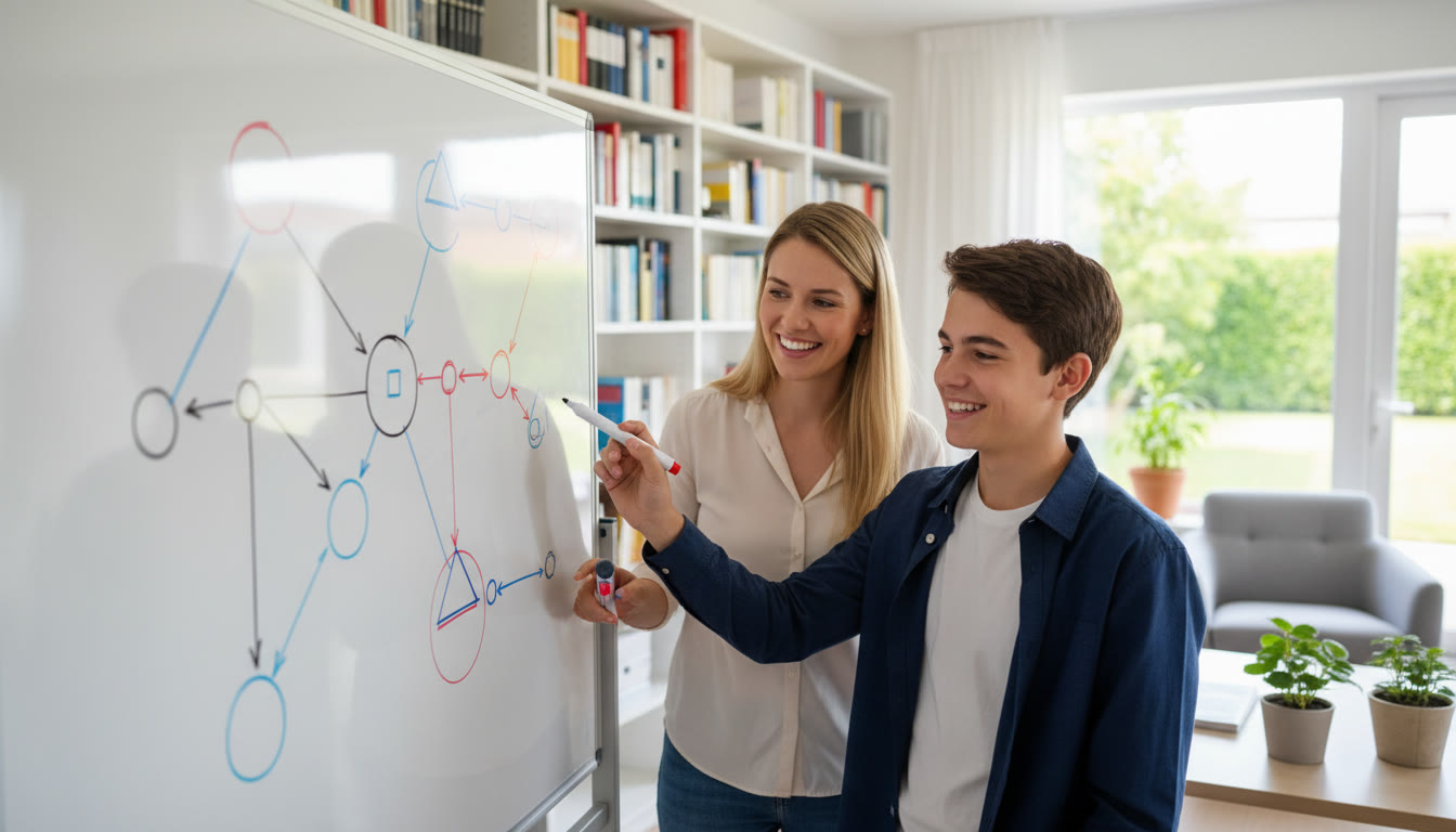 Photo Idea : A tutor and student working over a whiteboard with problem-solving diagrams