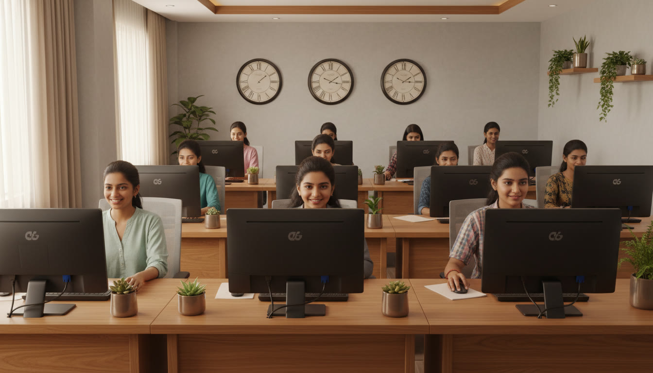 Photo Idea : Classroom scene with students taking a mock test on computers with clocks on wall