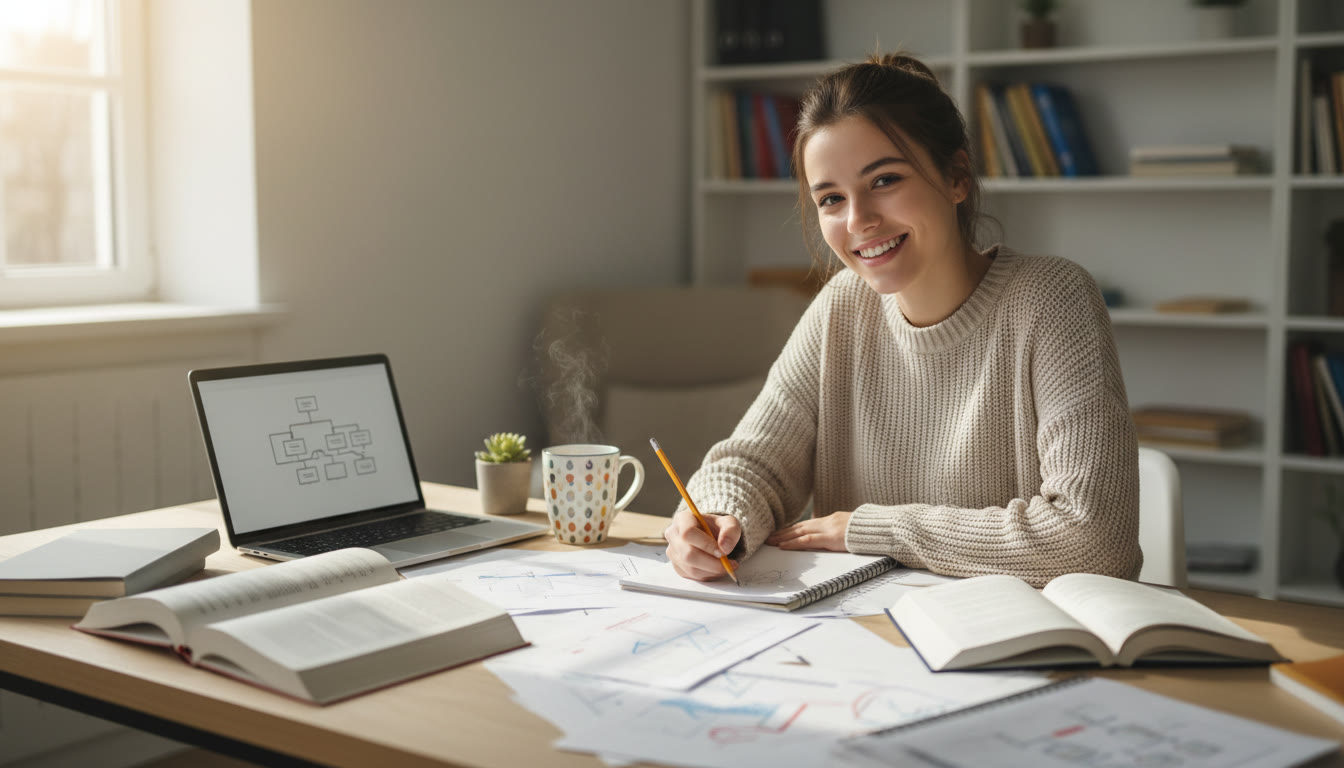 Photo Idea : Student at a desk with open notebooks, laptop, and a mug, sketching a research question on paper