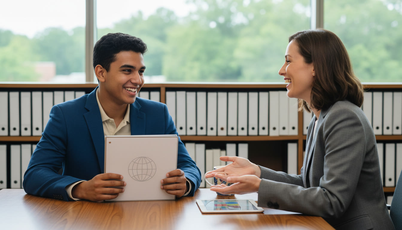 Photo Idea : an IB student sitting across from an admissions interviewer, both smiling and engaged