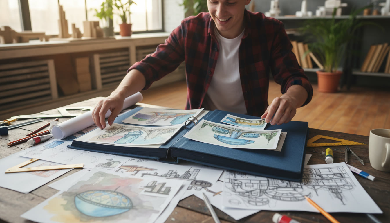 Photo Idea : Close-up of a student arranging artwork and sketches for an architecture portfolio