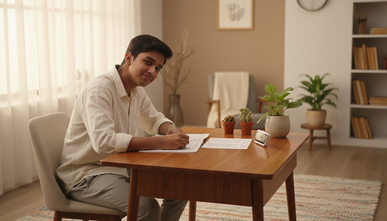 Photo Idea : A student taking a full-length mock test at a desk with a timer and a neat OMR-style answer sheet nearby