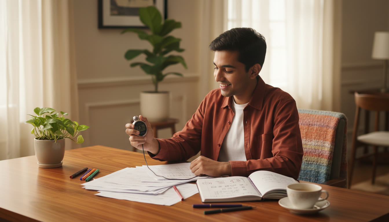 Photo Idea : A student reviewing a mock test with a stopwatch and an error log notebook