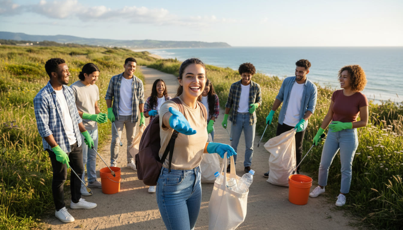 Photo Idea : Student leading a community clean-up, smiling with volunteers and reusable gloves