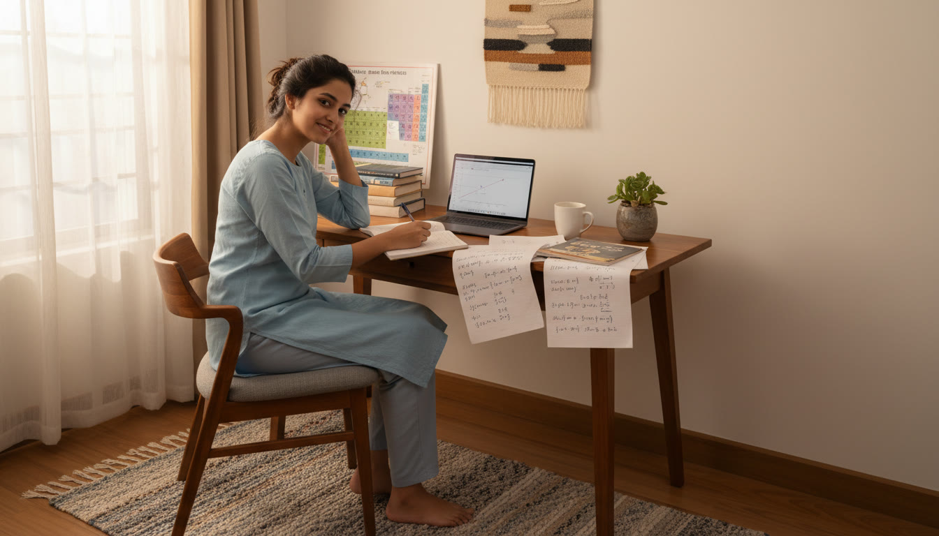 Photo Idea : Student at a study desk solving chemistry numerical problems with periodic table and notes spread out