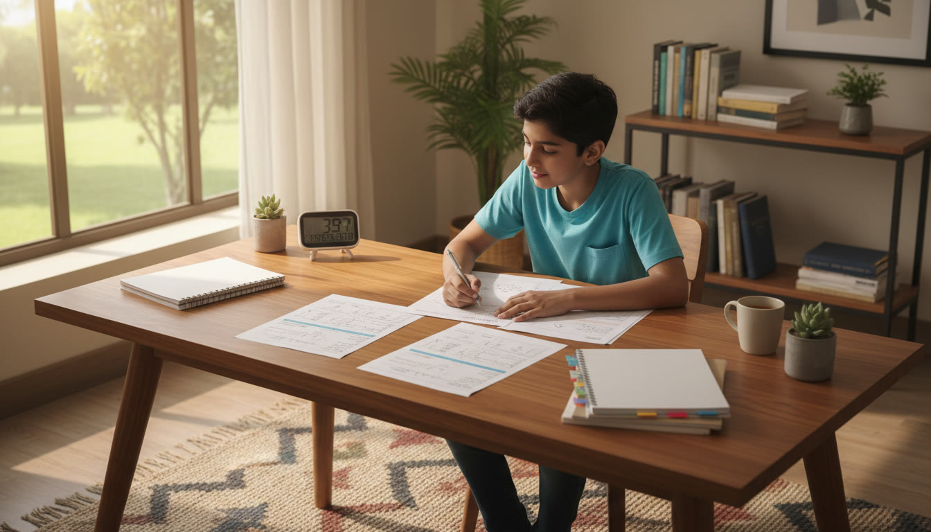 Photo Idea : A focused student at a study desk with mock test papers, a countdown timer, and neatly organized notes.