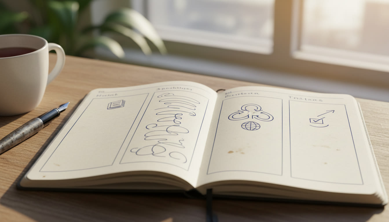 Photo Idea : Close-up of a handwritten exploration notebook with columns: resource, insights, IB tie-ins, next action