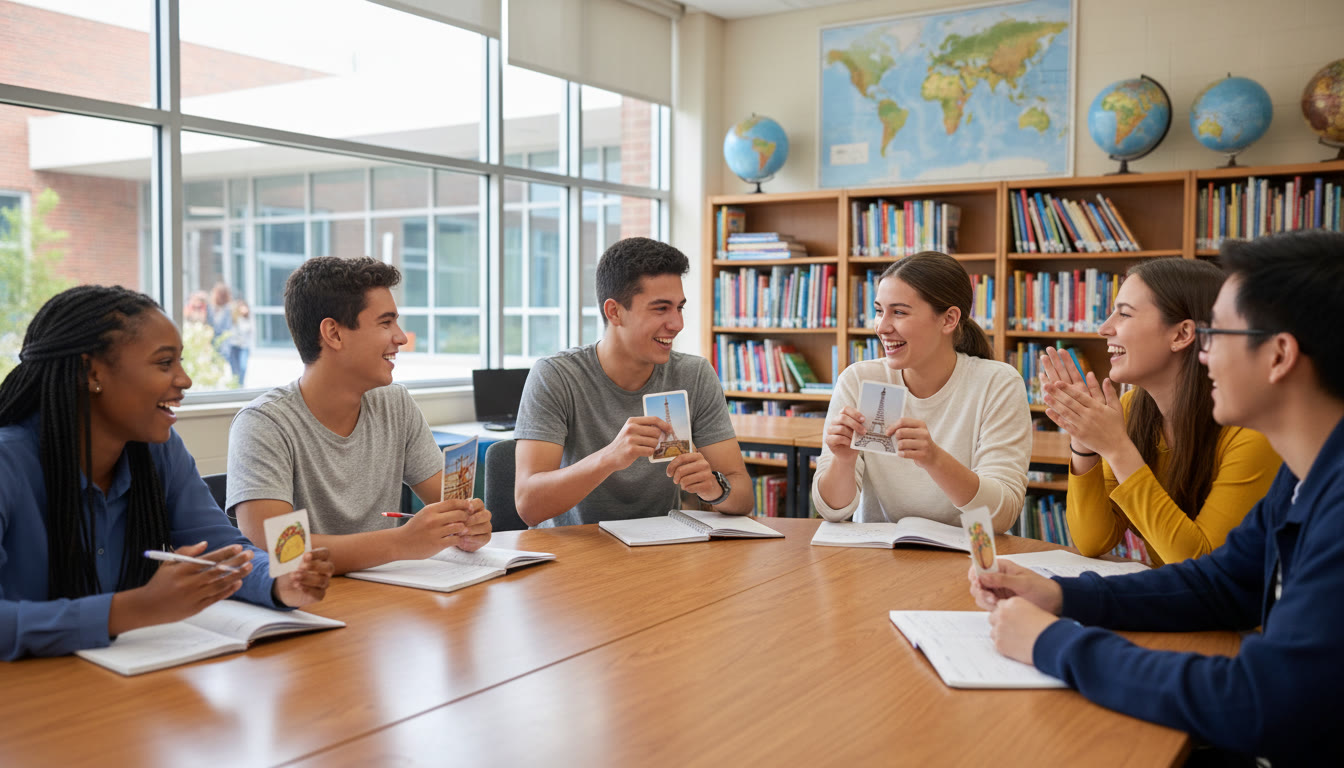 Photo Idea : a diverse group of students in a language classroom practicing conversation with flashcards and notebooks
