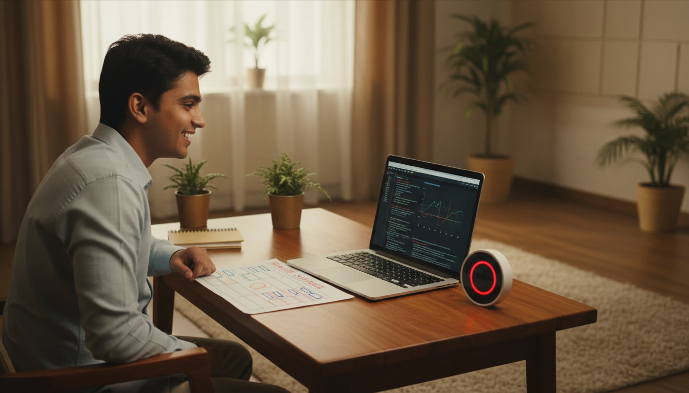 Photo Idea : Student at desk with a neatly written weekly timetable, laptop open to practice questions, and a timer on the side