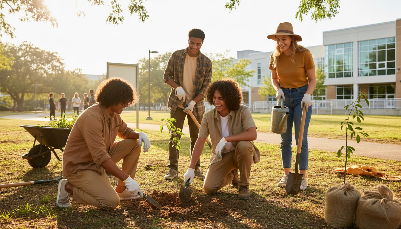 Photo Idea : A small group of students planting saplings during a community service event, smiling and holding gardening tools