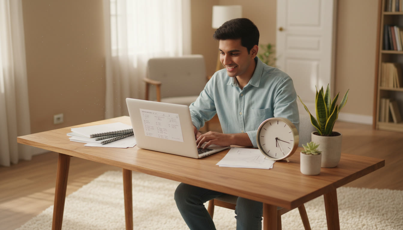 Photo Idea : Student solving a timed full-length mock test on a laptop at a tidy desk with notebooks and a visible clock