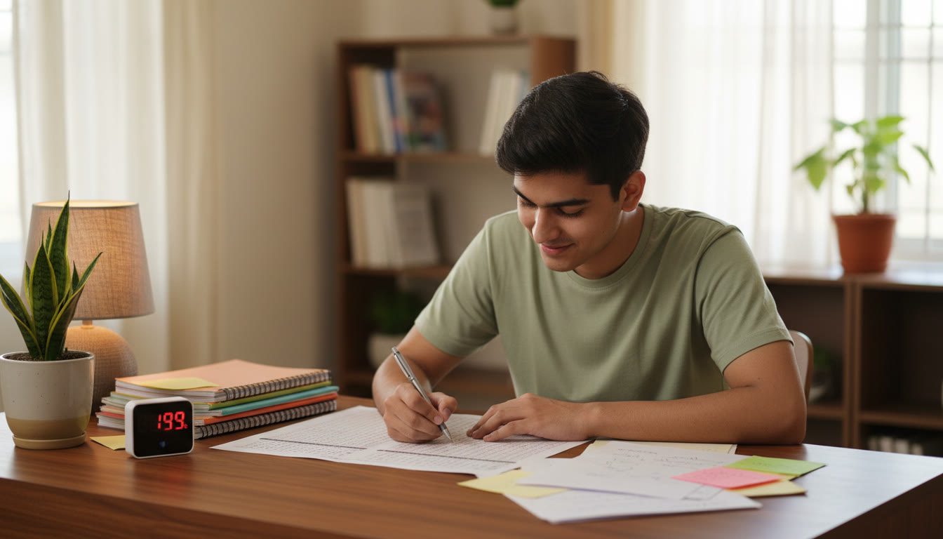 Photo Idea : A student calmly filling an OMR sheet at a desk with a visible timer and study notes