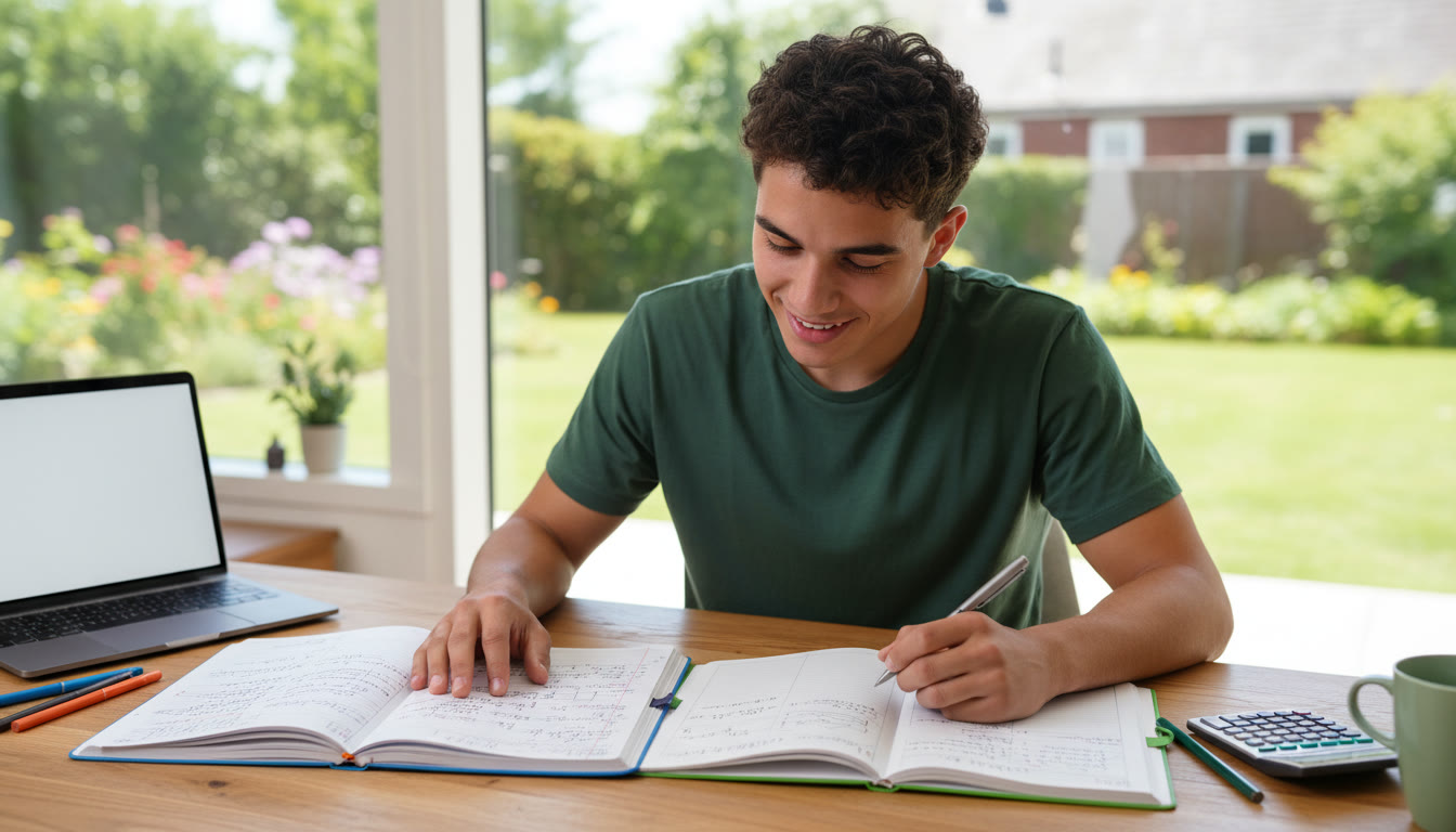 Photo Idea : Student at a desk comparing two notebooks labeled