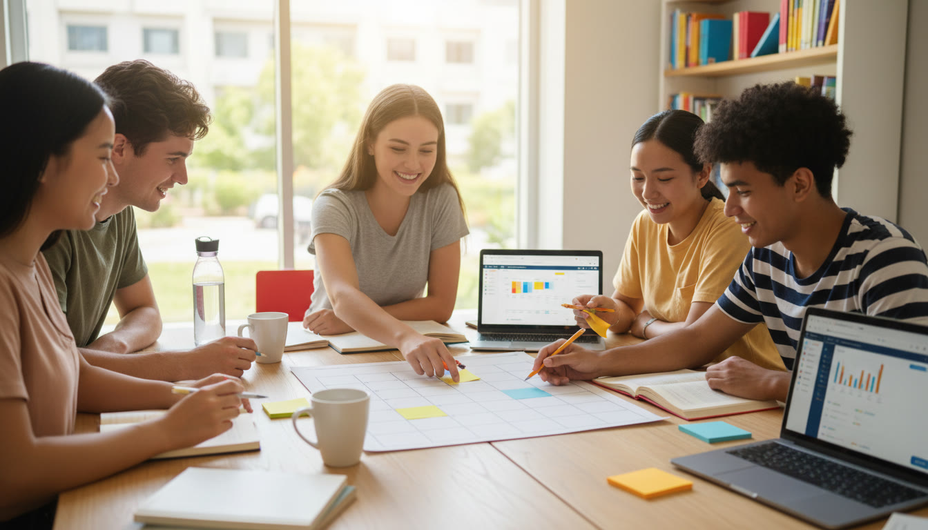 Photo Idea : Students around a table mapping a weekly calendar with sticky notes and laptops