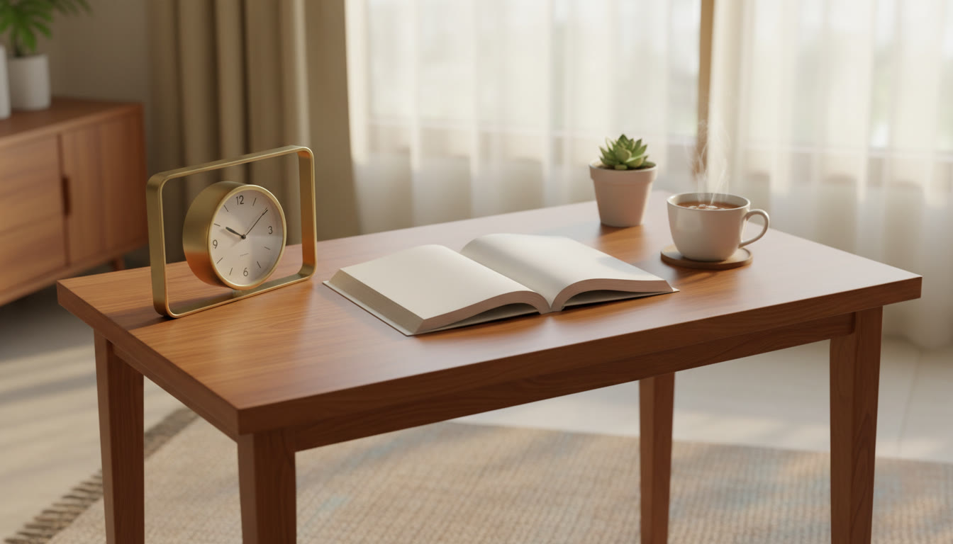 Photo Idea : A tidy study desk with an open notebook, a clock showing a planned study block, and a cup of tea