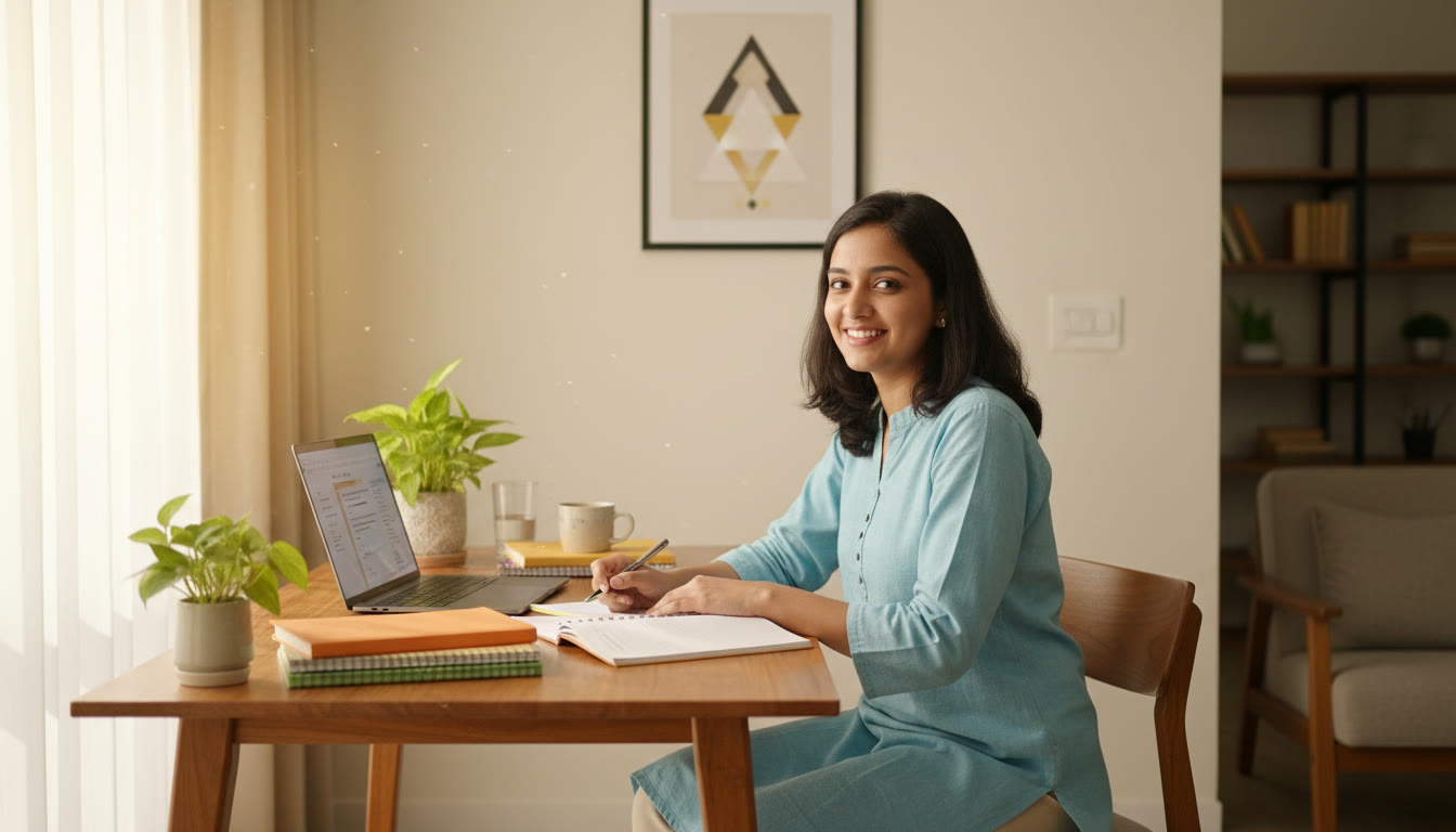 Photo Idea : student at a tidy study desk with textbooks, notes, and a laptop