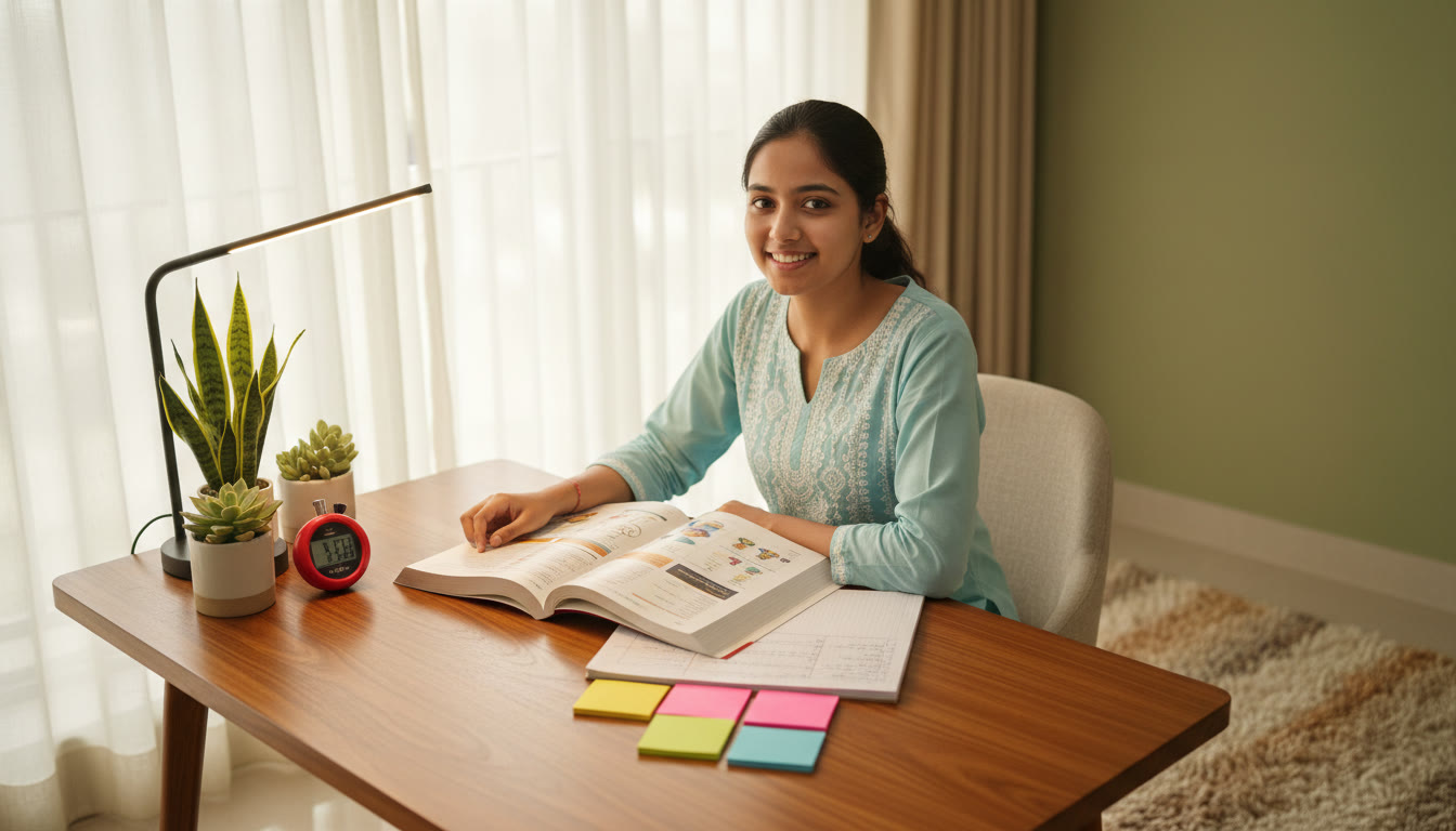 Photo Idea : Student at a desk with a textbook, notebook, stopwatch, and colored sticky notes