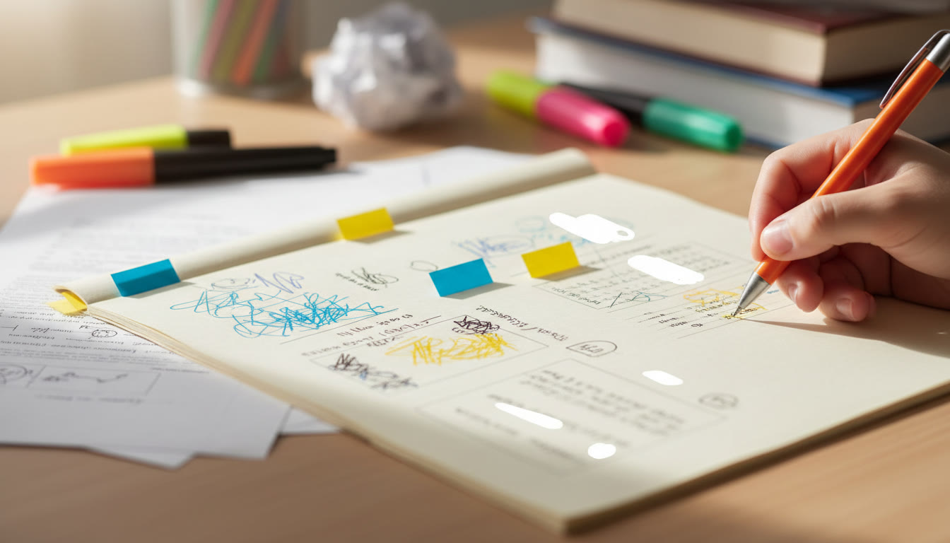 Photo Idea : close-up of annotated essay with colored tabs for theory and case evidence