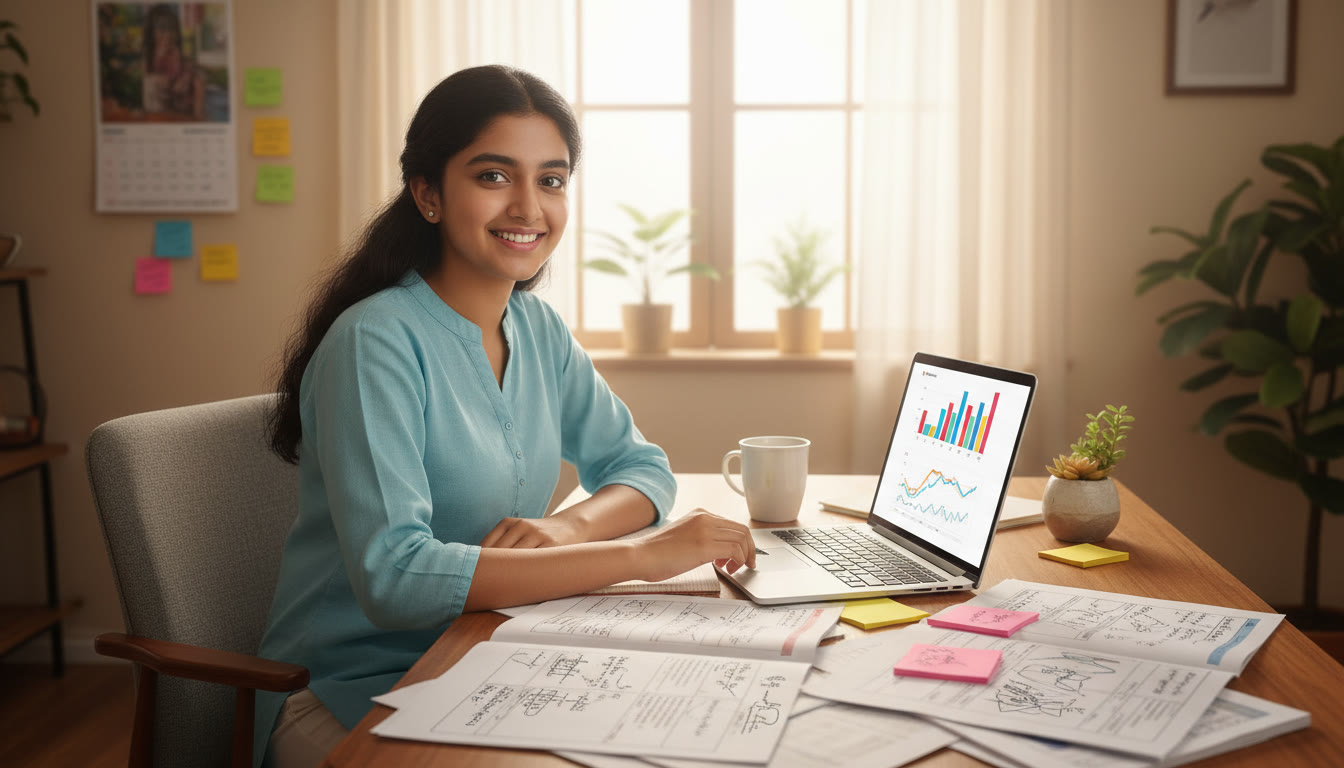 Photo Idea : A student at a desk surrounded by annotated past-year papers, sticky notes, and a laptop showing a mock-report dashboard