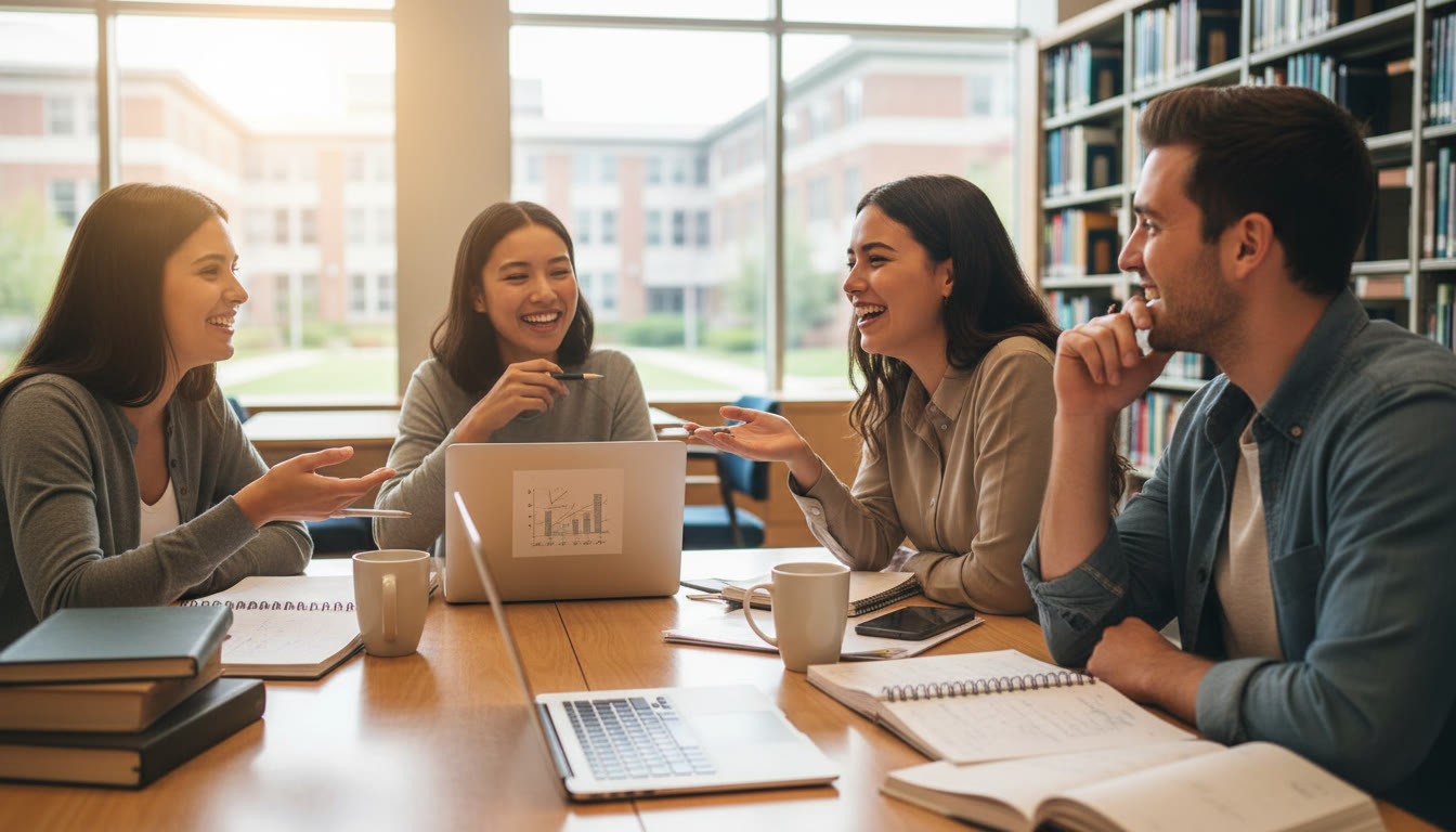 Photo Idea : small group of students discussing an IA draft around a table with laptops and notebooks