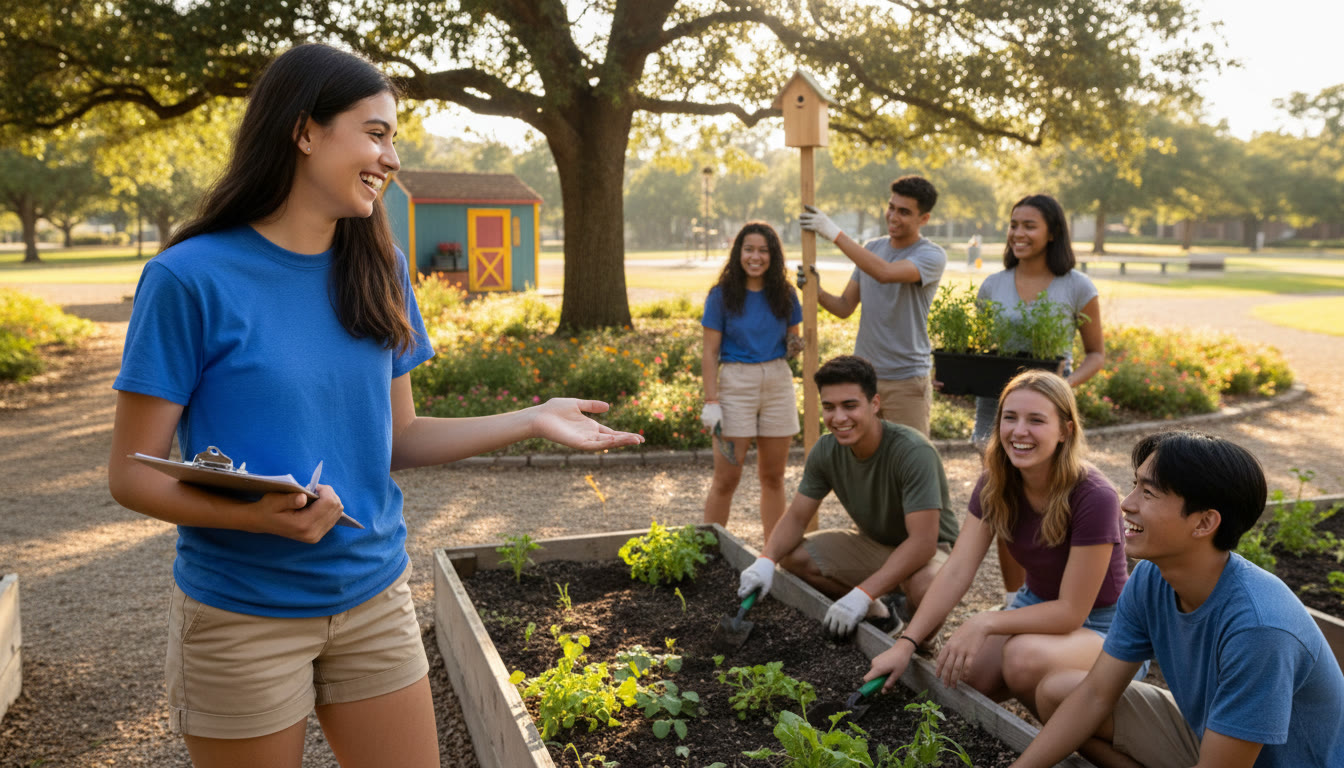 Photo Idea : Student leading a small community project, clipboard in hand, smiling peers gathered