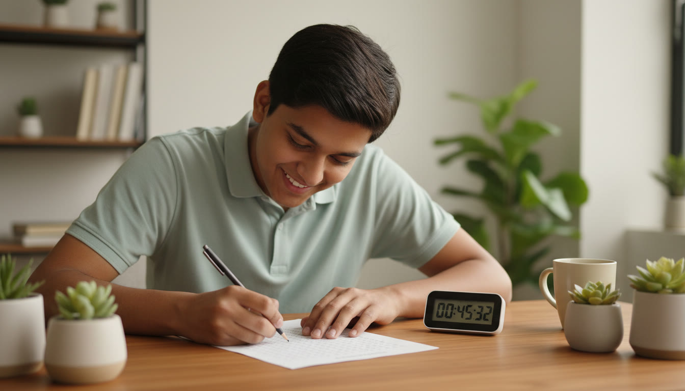 Photo Idea : Close-up of a student filling an OMR-style sheet with a pencil beside a timer
