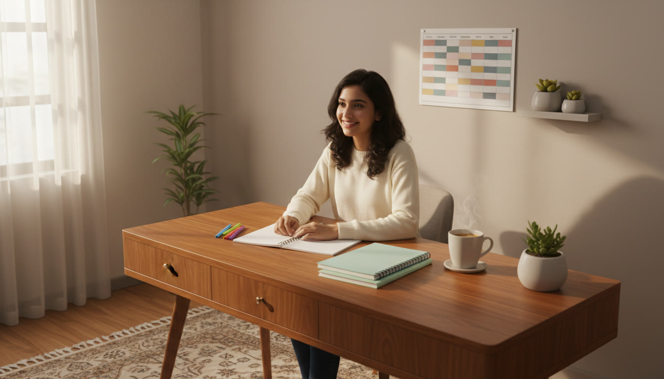 Photo Idea : A student at a desk with neat notebooks, a timetable on the wall, and a cup of tea