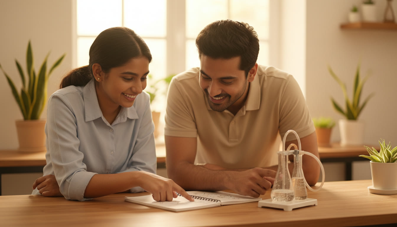 Photo Idea : A student and a tutor smiling over a neatly arranged lab bench, pointing at a notebook while an experiment runs in the background