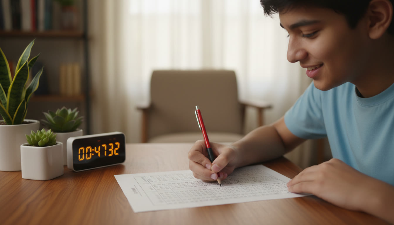 Photo Idea : Close-up of a student writing MCQs on an OMR-style sheet while a timer runs