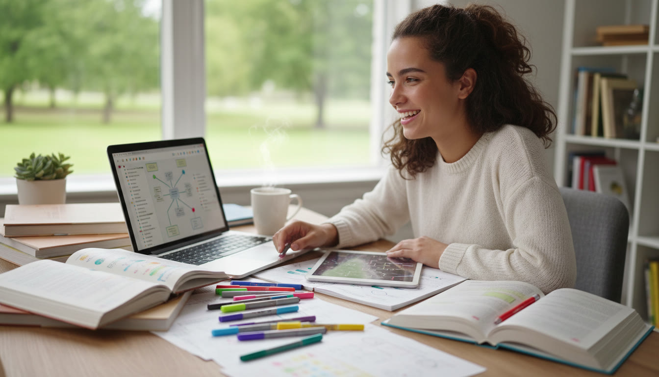 Photo Idea : Student at a desk with annotated texts, colored pens, and a laptop showing notes