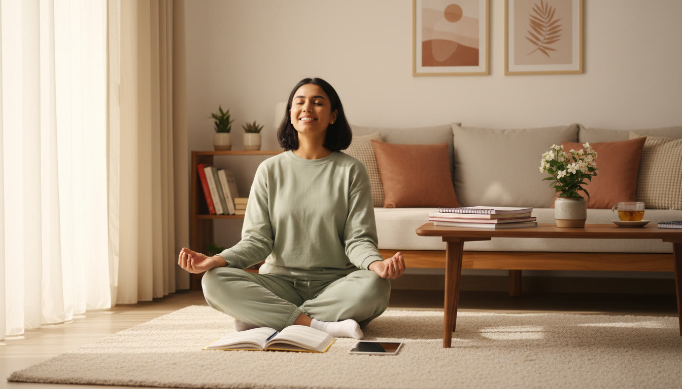 Photo Idea : A student practicing breathing exercises outdoors with study materials nearby