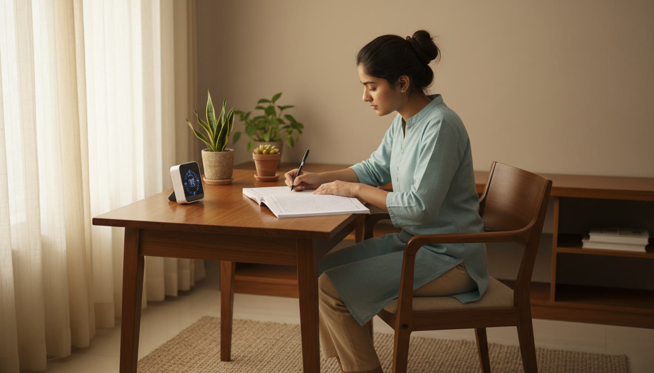 Photo Idea : A student taking a full-length mock test in a quiet exam-like setting, with a timer and answer sheet