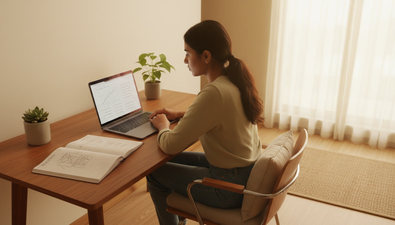 Photo Idea : A focused student sitting at a desk taking a timed full-length mock on a laptop with an open error-log notebook beside them.