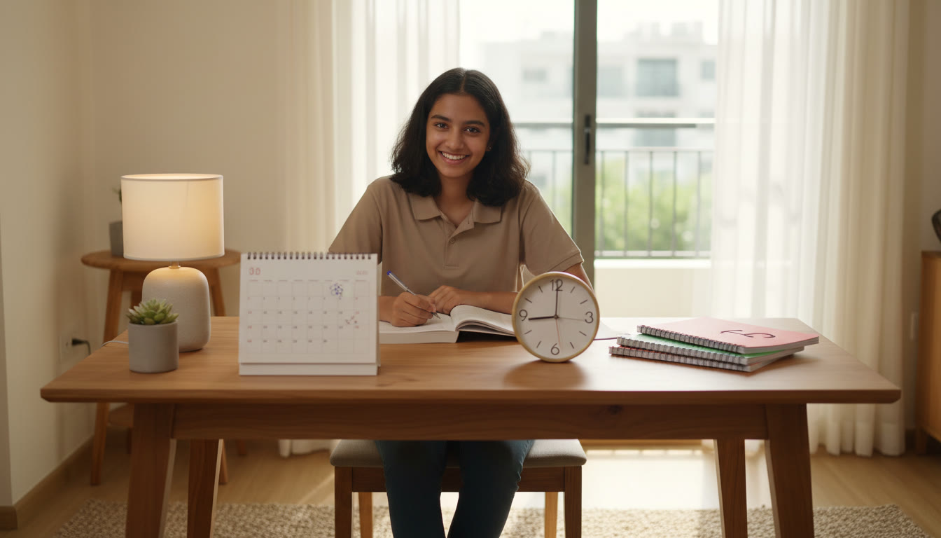 Photo Idea : A focused student at a desk with a neat calendar, a clock, and three labeled notebooks for Physics, Chemistry, and Mathematics