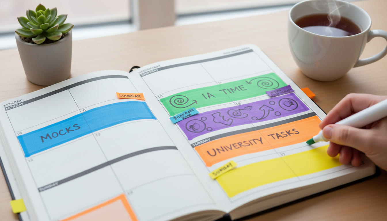 Photo Idea : Close-up of a weekly planner with colored blocks for mocks, IA time, and university tasks
