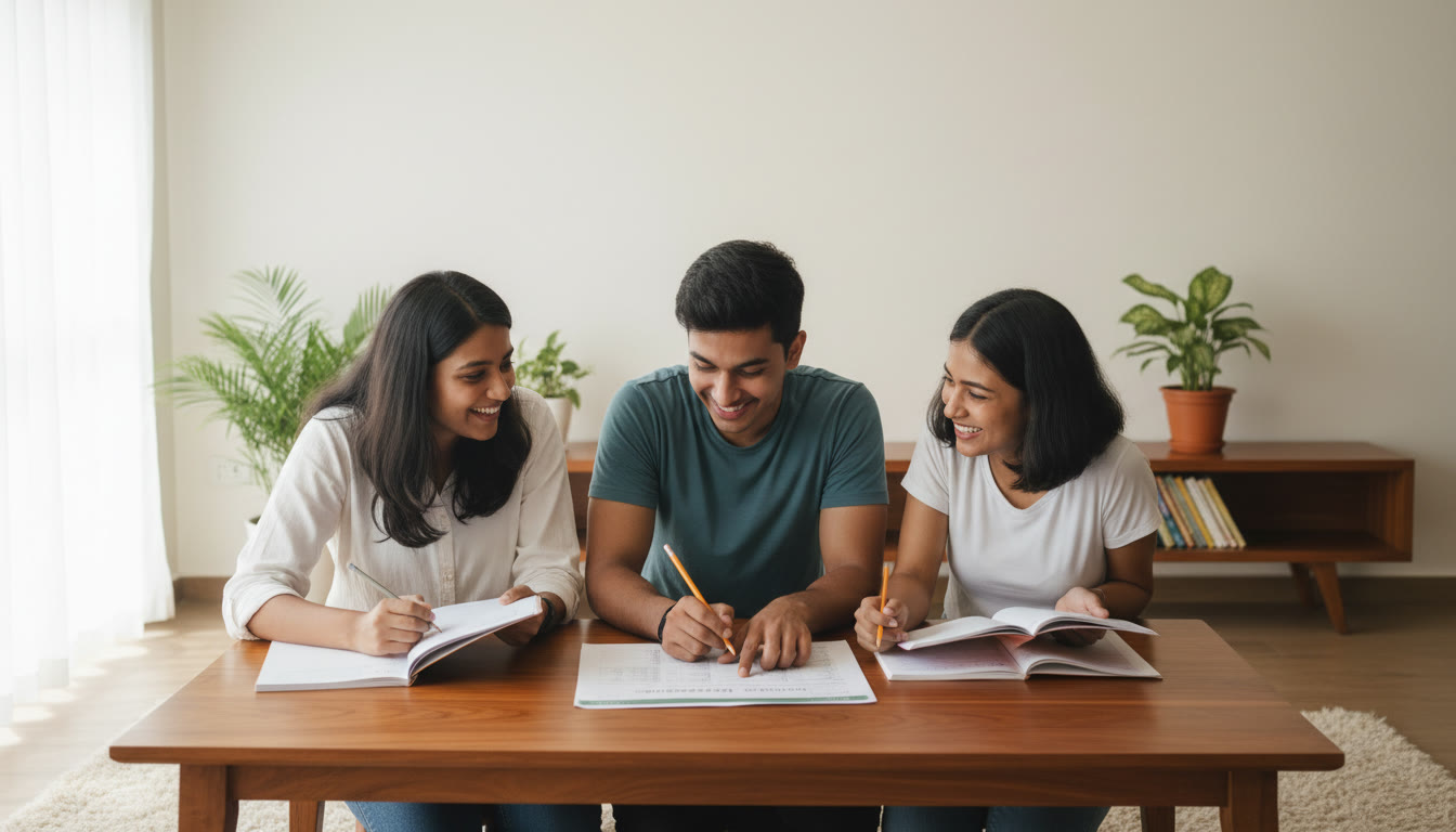 Photo Idea : A small group review session where students compare answers from a solved sample paper on a classroom table
