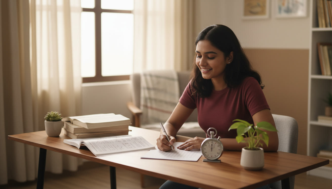 Photo Idea : Student taking a timed NEET mock test in a quiet study corner with a visible OMR sheet and a stopwatch