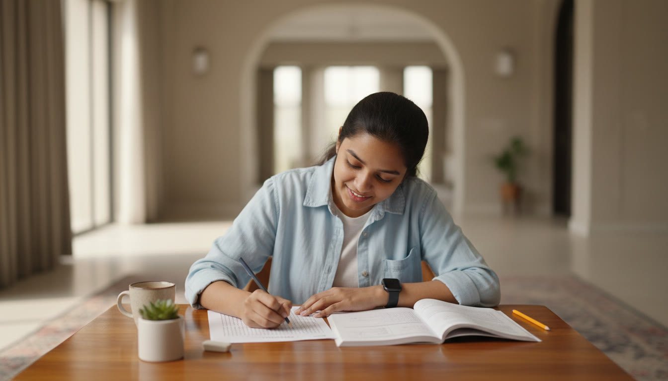 Photo Idea : A mock-exam scene showing a student in a quiet hall, wristwatch visible, working on an OMR answer sheet with a pencil and eraser nearby.