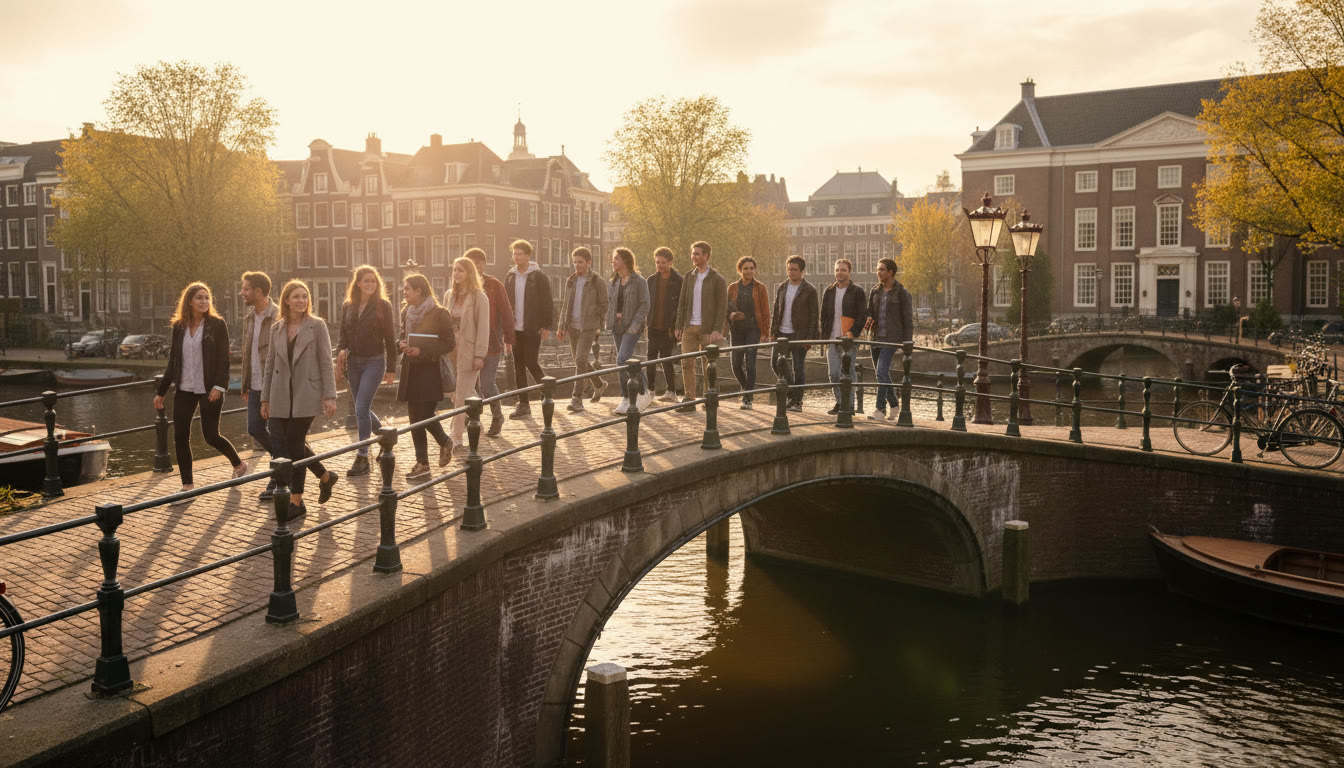 Photo Idea : Students crossing a canal bridge in Amsterdam near university buildings, late afternoon light