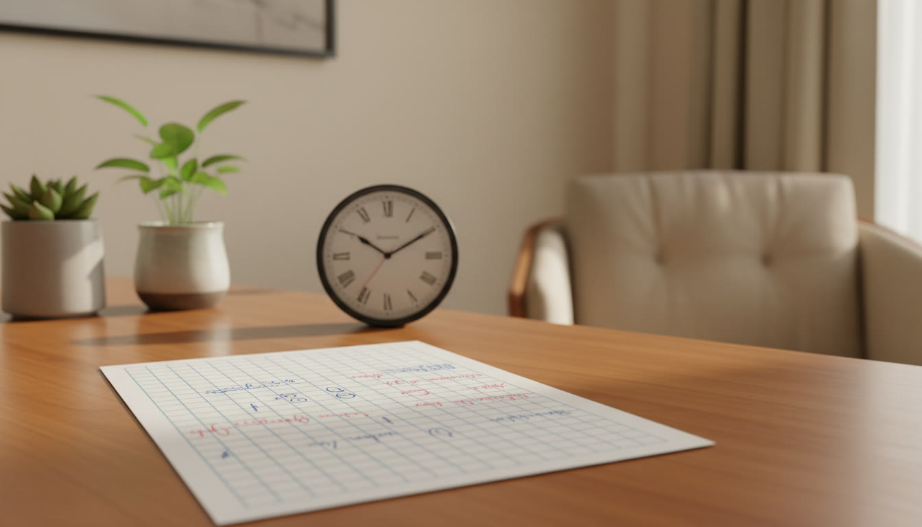 Photo Idea : Close-up of a marked mock paper with tutor’s handwritten feedback and a clock showing timed practice.