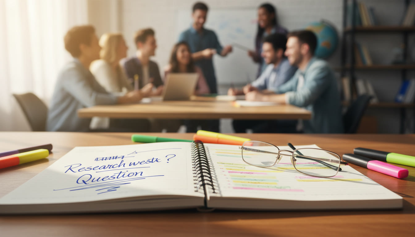 Photo Idea : close-up of an open notebook with a neat research question draft and highlighted notes