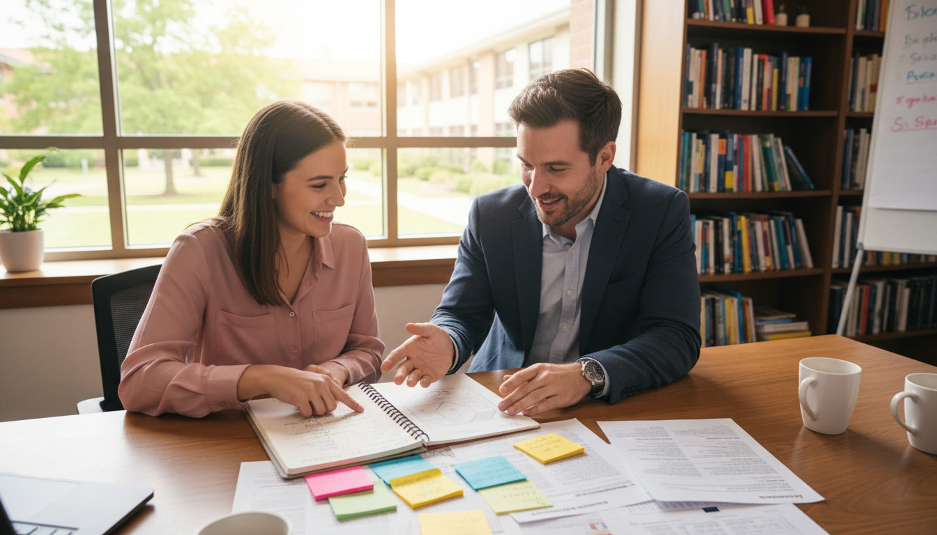 Photo Idea : Student and teacher reviewing Extended Essay notes together at a desk